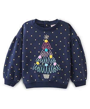 Babyhug Cotton Knit Full Sleeves Sweatshirt With Sequins & Pom-Pom Detailing - Navy Blue