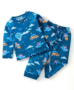 Babyhug Cotton Knit Full Sleeves Night Suit Vehicles Printed - Blue