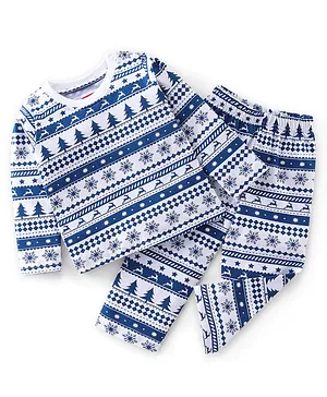 Babyhug Cotton Knit Full Sleeves Night Suit Winter Theme Print - Blue & White