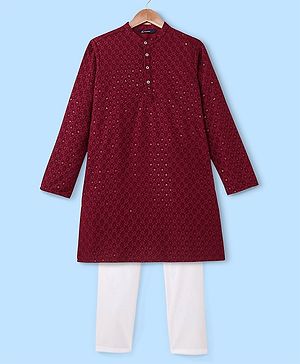 Pine Kids All Over Embroidered Full Sleeves Kurta Pyjama Set - Red