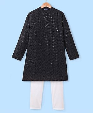 Pine Kids All Over Embroidered Full Sleeves Kurta Pyjama Set - Black
