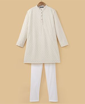 Pine Kids All Over Embroidered Full Sleeves Kurta Pyjama Set - White
