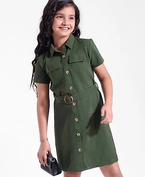 Hola Bonita Texture Fabric Half Sleeves Dress with Belt - Olive Green