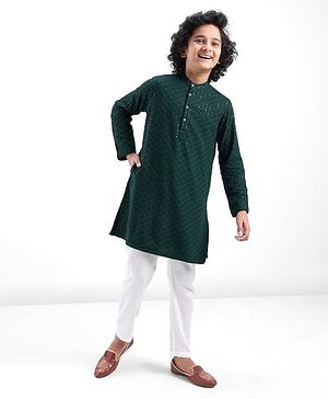 Pine Kids Full Sleeves All Over Sequined Embroidered Kurta Pyjama Set- Green