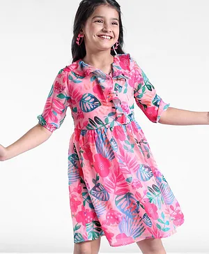 Hola Bonita Full Sleeves Georgette Dress In Floral Print With Ruffles At Neck- Pink