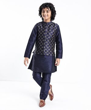 Pine Kids Printed Full Sleeves Kurta Pyjama with Floral Printed Bandi - Navy Blue