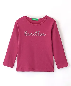 UCB Cotton Knit Full Sleeves High Density Long T-Shirt Text Print - Fuchsia