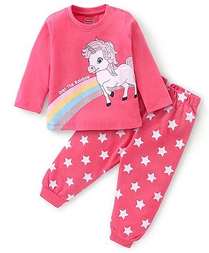 Babyhug Cotton Knit Full Sleeves Night Suit With Unicorn Print - Pink