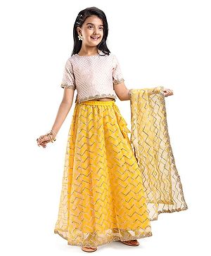 Pine Kids Half Sleeves Chevron Embroidered Choli & Lehenga with  Dupatta Set- Yellow