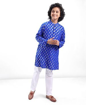Pine Kids Foil Printed Full Sleeves Kurta Pyjama Set-  Blue