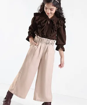 Ollington St. Off-Shoulder Full Sleeves Frill Top & Woven Culottes Set with Belt - Brown & Khaki