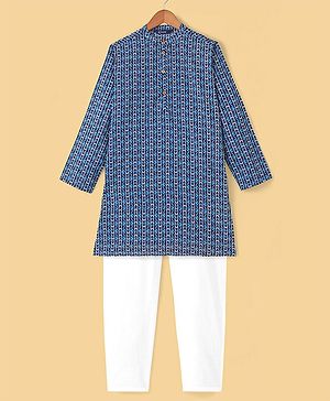 Pine Kids Cotton Full Sleeves All Over Printed Kurta Pyjama Set- Blue