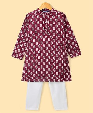 Pine Kids Cotton Woven Full Sleeves Floral Printed Kurta & Pajama Set - Maroon