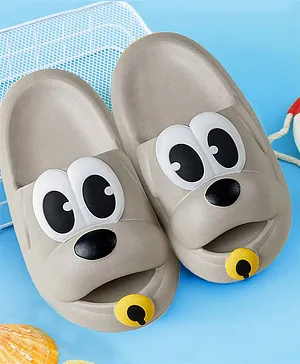 Baby Moo Dog Faced Detailed  Slippers Anti Skid Sliders - Grey
