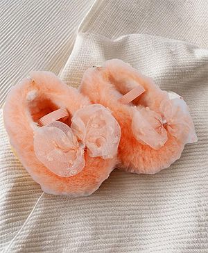 Baby Moo Bow Applique Warm Furry Booties - Peach