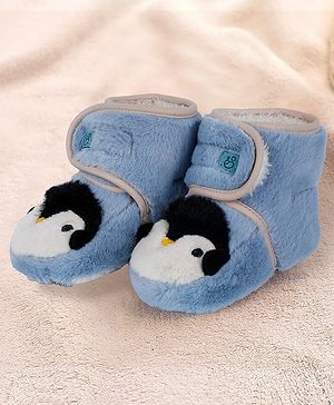 Baby Moo Penguin Face Detailed Velcro Closure Fur Booties - Blue