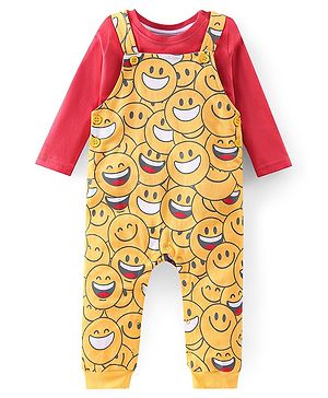 Babyhug 100% Cotton Single Jersey Knit Dungaree and Full Sleeves T-Shirt Set Emoji Print - Red & Yellow