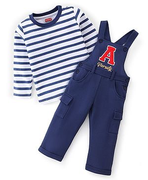 Babyhug 100% Cotton Knit Dungarees With Full Sleeves T-Shirt Text Print - White & Navy Blue