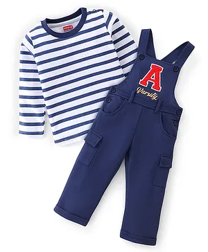 Babyhug Cotton Knit Dungaree with Full Sleeves Striped T-Shirt Text Print - White & Navy Blue