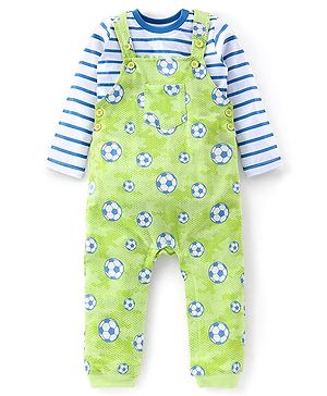 Babyhug 100% Coton Knit Foot Ball Print Dungaree With Front Pocket & Full Sleeves Inner Tee - Green