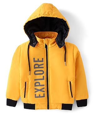 Pine Kids Full Sleeves Solid Color With Explore Printed Medium Winter Hooded Jacket - Yellow