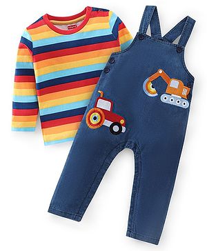 Babyhug Cotton Woven Single Jersey JCB Printed Dungaree and Full Sleeves T-Shirt with Stripes - Multicolour