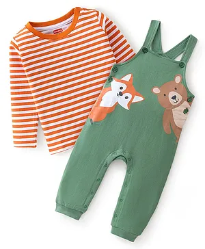 Babyhug 100% Cotton Single Jersey Knit Dungaree and Full Sleeves T-Shirt Set Stripes & Fox Print - Orange & Olive Green