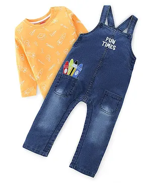 Babyhug Dungaree and Full Sleeves T-Shirt Set Rocket Print - Orange & Blue
