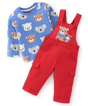 Babyhug 100% Cotton Knit Dungarees With Full Sleeves T-Shirt Animals Print - Red & Navy Blue