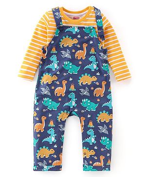 Babyhug Cotton Woven Single Jersey Dino Printed Dungaree and Full Sleeves T-Shirt with Stripes - Multicolour