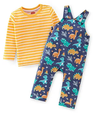 Babyhug Cotton Woven Single Jersey Dino Printed Dungaree and Full Sleeves T-Shirt with Stripes - Multicolour