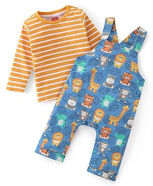 Babyhug 100% Cotton Knit Dungarees & Full Sleeves T-Shirt With Striped & Animals Print - Orange & Blue