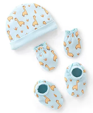 Babyhug 100% Cotton Knit Giraffe Printed Cap Mittens & Booties Set - Blue