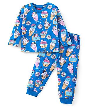Babyhug Cotton Knit Full Sleeves Ice Cream Printed Night Suit - Blue