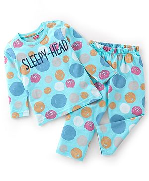 Babyhug Cotton Knit Full Sleeves Text Printed Night Suit - Blue