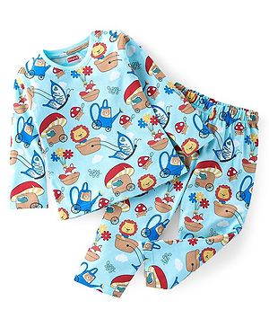 Babyhug Cotton Single Jersey Knit Full Sleeves Nightsuit Lion Print - Blue