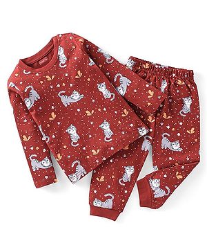 Babyhug Cotton Knit Full Sleeves Kitty Printed Night Suit - Red