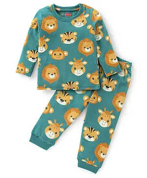 Babyhug Single Jersey Full Sleeves Night Suit with Lion Print - Green