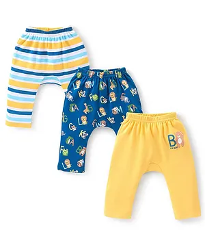 Babyhug Cotton Full Length Diaper Pants Striped & Printed Pack of 3 - Blue & Yellow