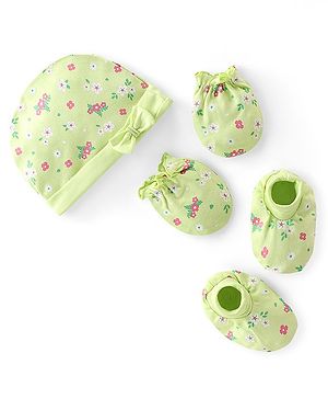 Babyhug 100% Cotton Knit  Cap Mittens & Booties Floral Print -Green