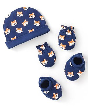 Babyhug 100% Cotton Knit Fox Printed Cap Mittens & Booties Set Navy Blue - Diameter 9 cm