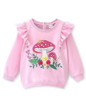 Babyhug Cotton Knit Full Sleeves Sweatshirt With Mushroom Graphics & Frill Detailing - Pink