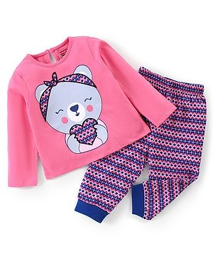 Babyhug Cotton Full Sleeves Night Suit Kitty Print- Pink & Purple