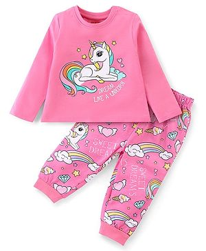 Babyhug Cotton Knit Full Sleeves Night Suit Unicorn Print - Pink