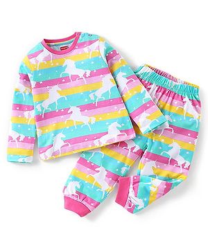 Babyhug Cotton Knit Single Jersey Full Sleeves Night Suit With Striped & Unicorn Print - Pink & Blue