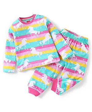 Babyhug Cotton Knit Single Jersey Full Sleeves Night Suit With Striped & Unicorn Print - Pink & Blue