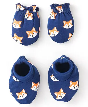Babyhug 100% Cotton Knit Fox Printed Mittens & Booties Set - Navy Blue