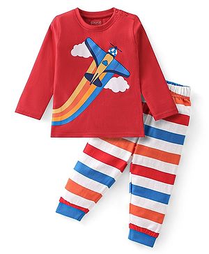 Babyhug Cotton Knit Full Sleeves Night Suit Air Plane Print - Red