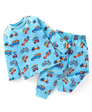 Babyhug Cotton Full Sleeves Night Suit Vehicles Print - Blue
