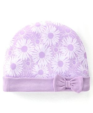 Babyhug 100% Cotton Knit Cap with Floral Print and Bow - Purple
